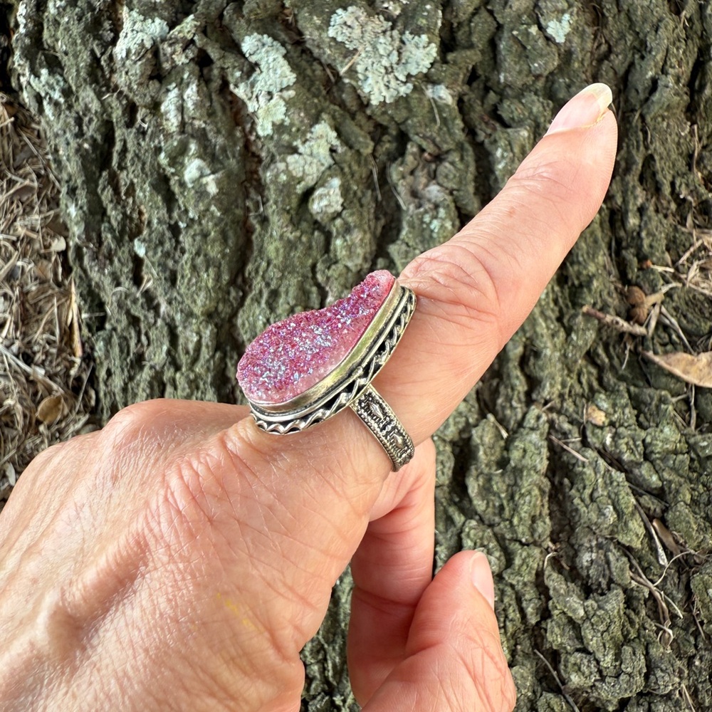 Vintage 925 Sterling Silver Artisan Purple rough Druzy Ring sz 7